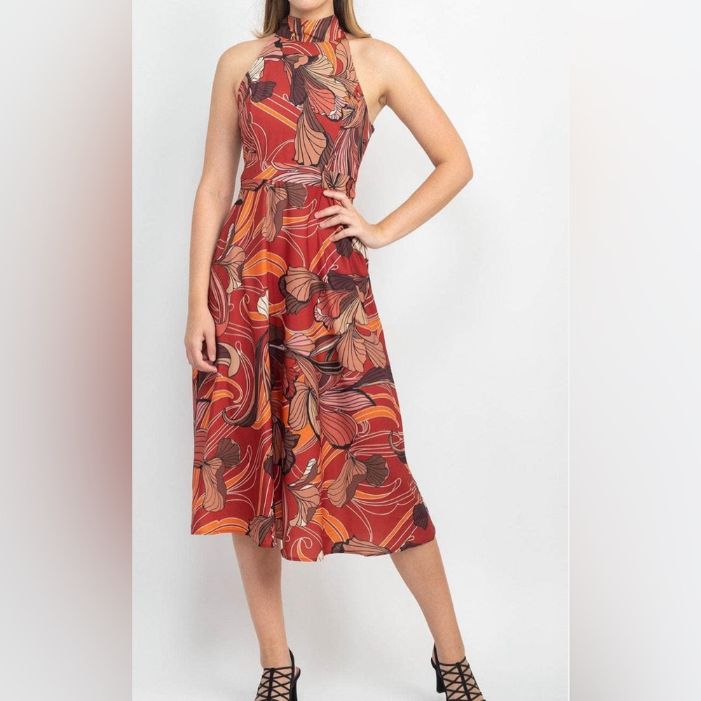 Tahari ASL Halter Tie Neck Sleeveless Multi Print Fit & Flare Satin Dress